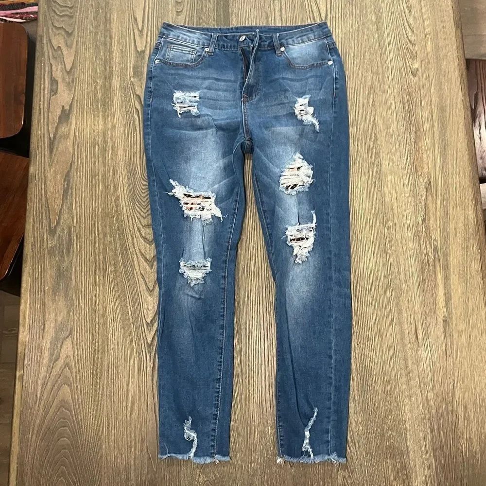 Womens Jeans Straight Leg Distressed Denim Stretch Medium Wash Blue Size Large